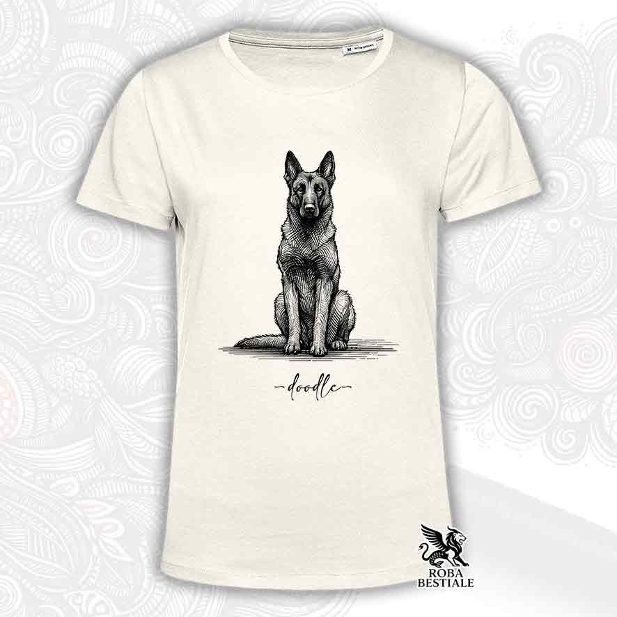 T-shirt beige stampata con un Pastore Belga Malinois, grafica Doodle