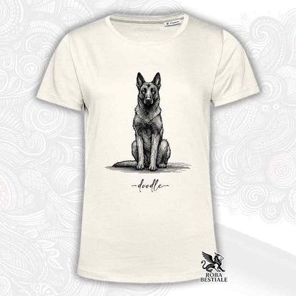 T-shirt beige stampata con un Pastore Belga Malinois, grafica Doodle