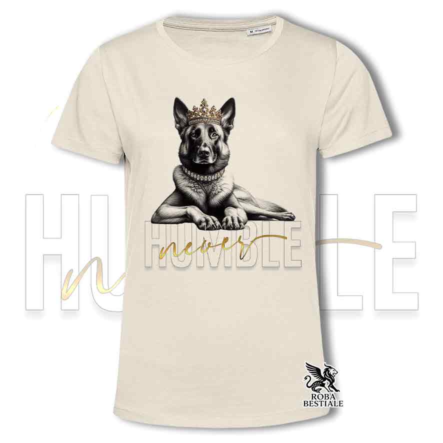 T-shirt stampata con un Pastore Belga Malinois, colore beige con grafica Never Humble