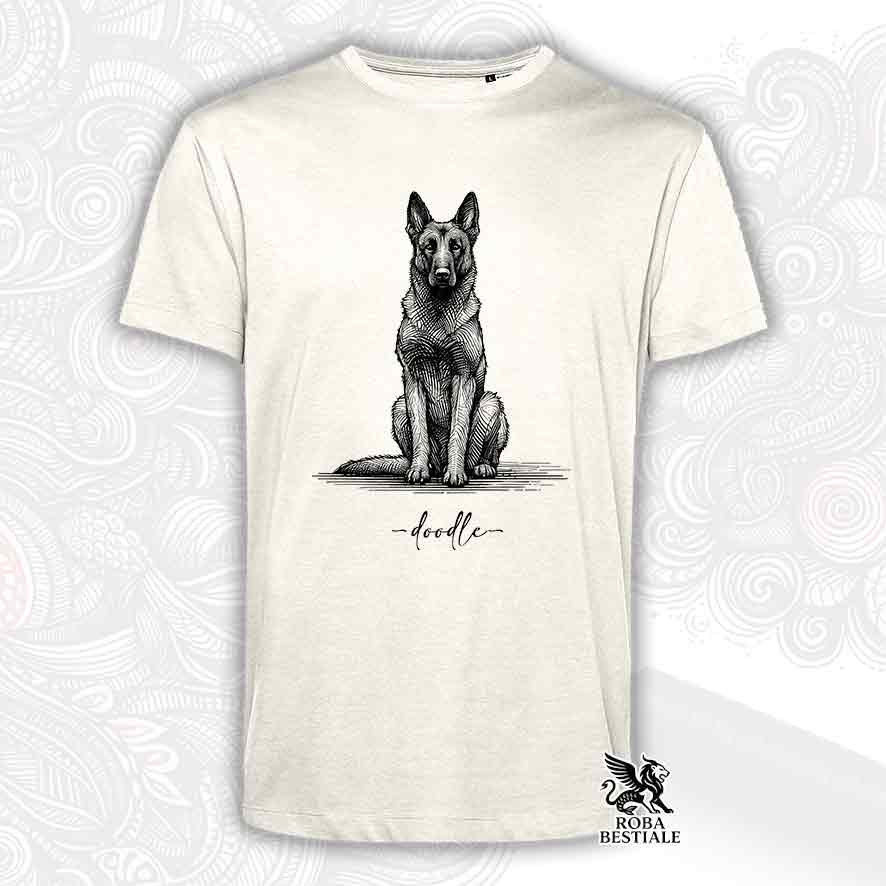 T-shirt beige stampata con un Pastore Belga Malinois, grafica Doodle