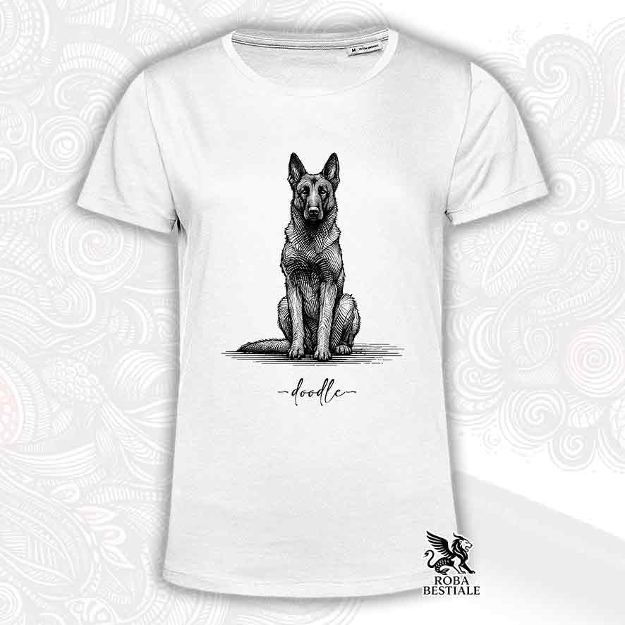 T-shirt bianca stampata con un Pastore Belga Malinois, grafica Doodle