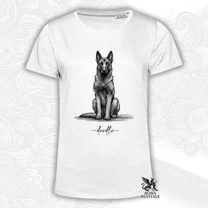 T-shirt bianca stampata con un Pastore Belga Malinois, grafica Doodle