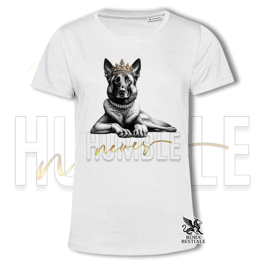 T-shirt stampata con un Pastore Belga Malinois, colore bianco con grafica Never Humble
