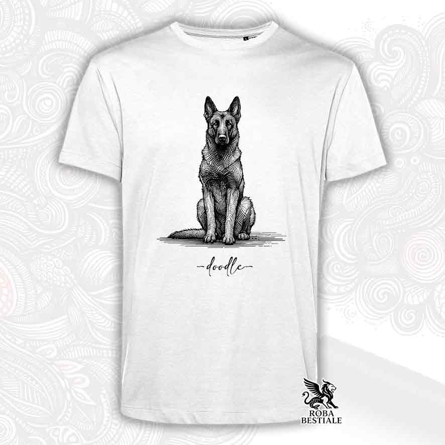 T-shirt bianca stampata con un Pastore Belga Malinois, grafica Doodle