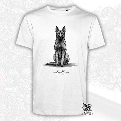 T-shirt bianca stampata con un Pastore Belga Malinois, grafica Doodle