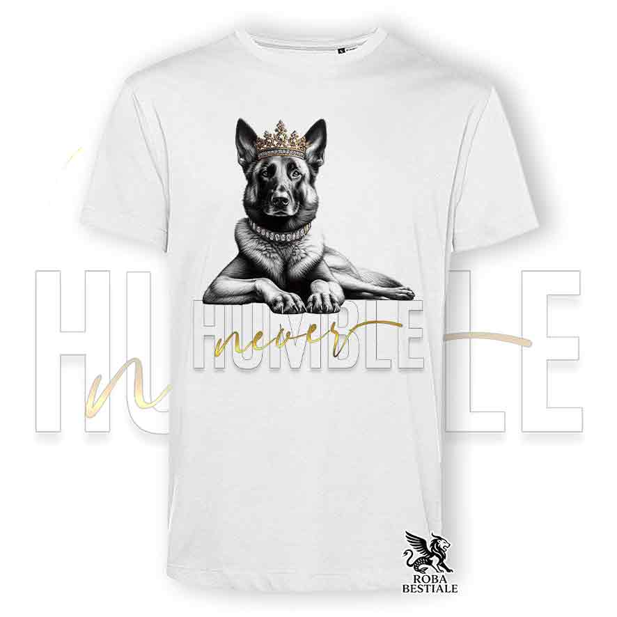 T-shirt stampata con un Pastore Belga Malinois, colore bianco con grafica Never Humble