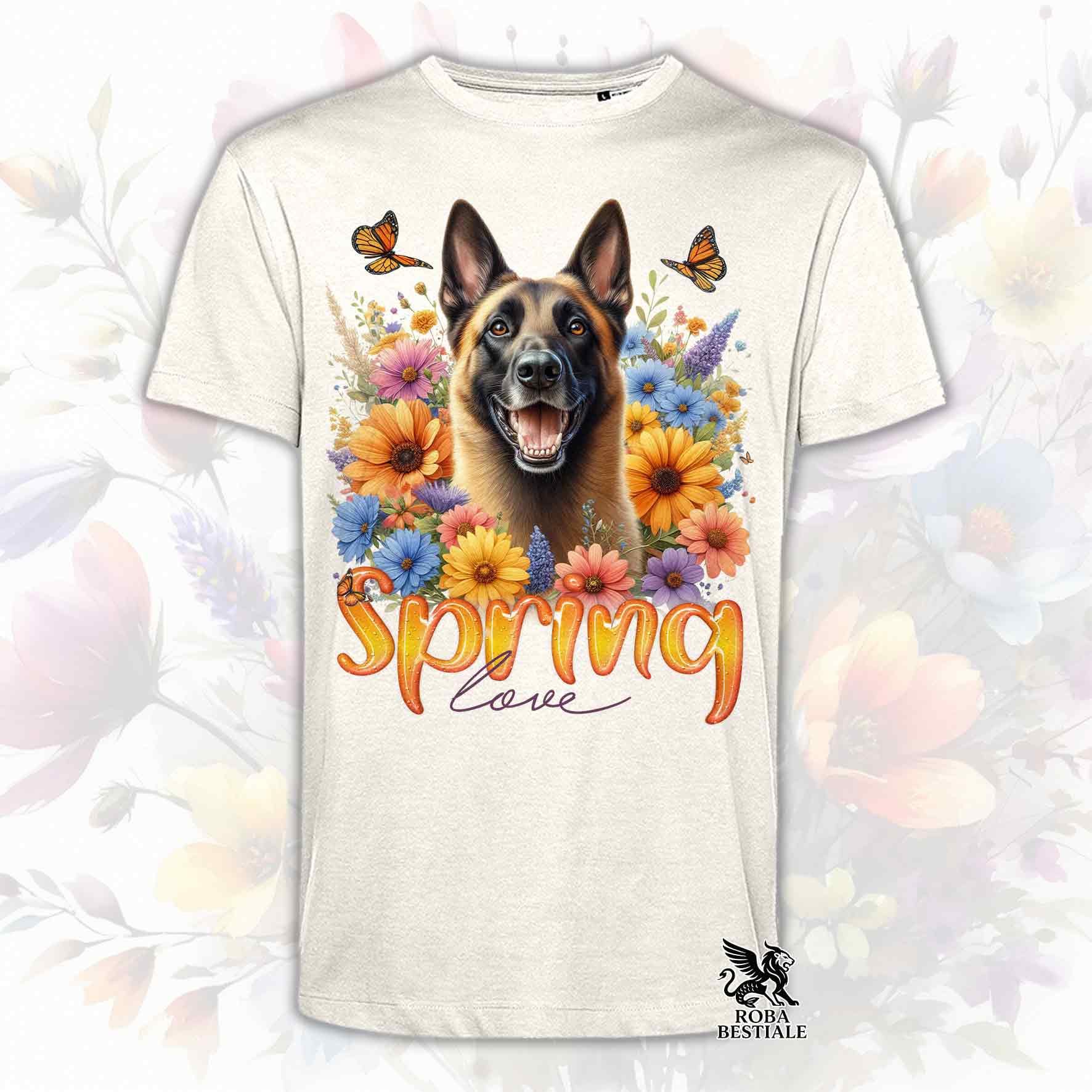Una t-shirt beige stampata con un Pastore Belga Malinois immerso nei fiori colorati. Collezione Spring Love di Roba Bestiale