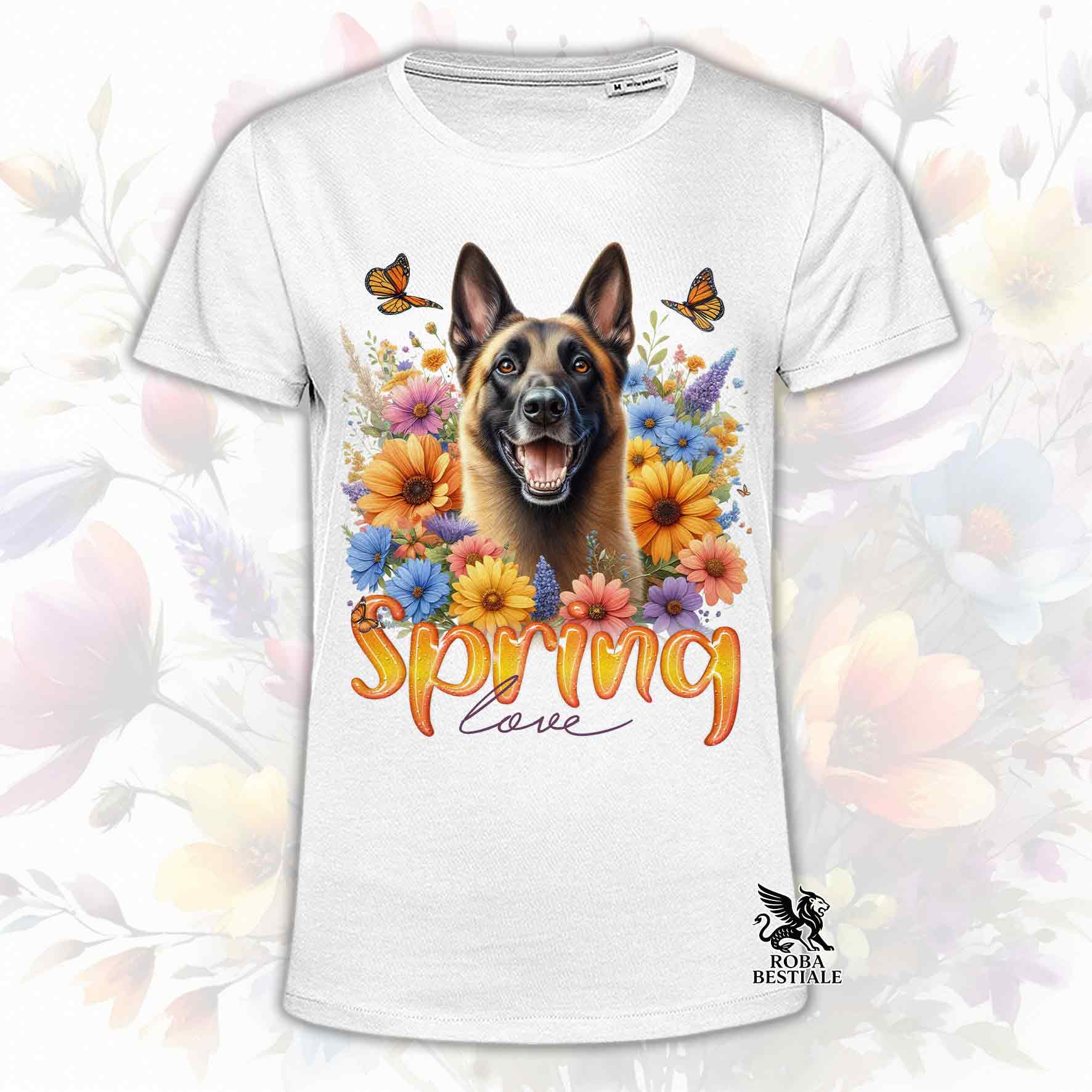 Una t-shirt bianca stampata con un Pastore Belga Malinois immerso nei fiori colorati. Collezione Spring Love di Roba Bestiale