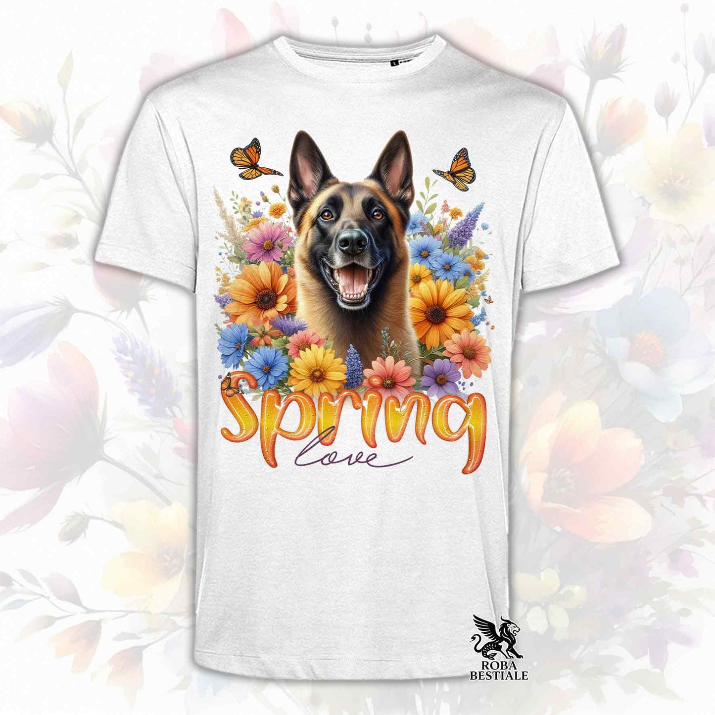 Una t-shirt bianca stampata con un Pastore Belga Malinois immerso nei fiori colorati. Collezione Spring Love di Roba Bestiale
