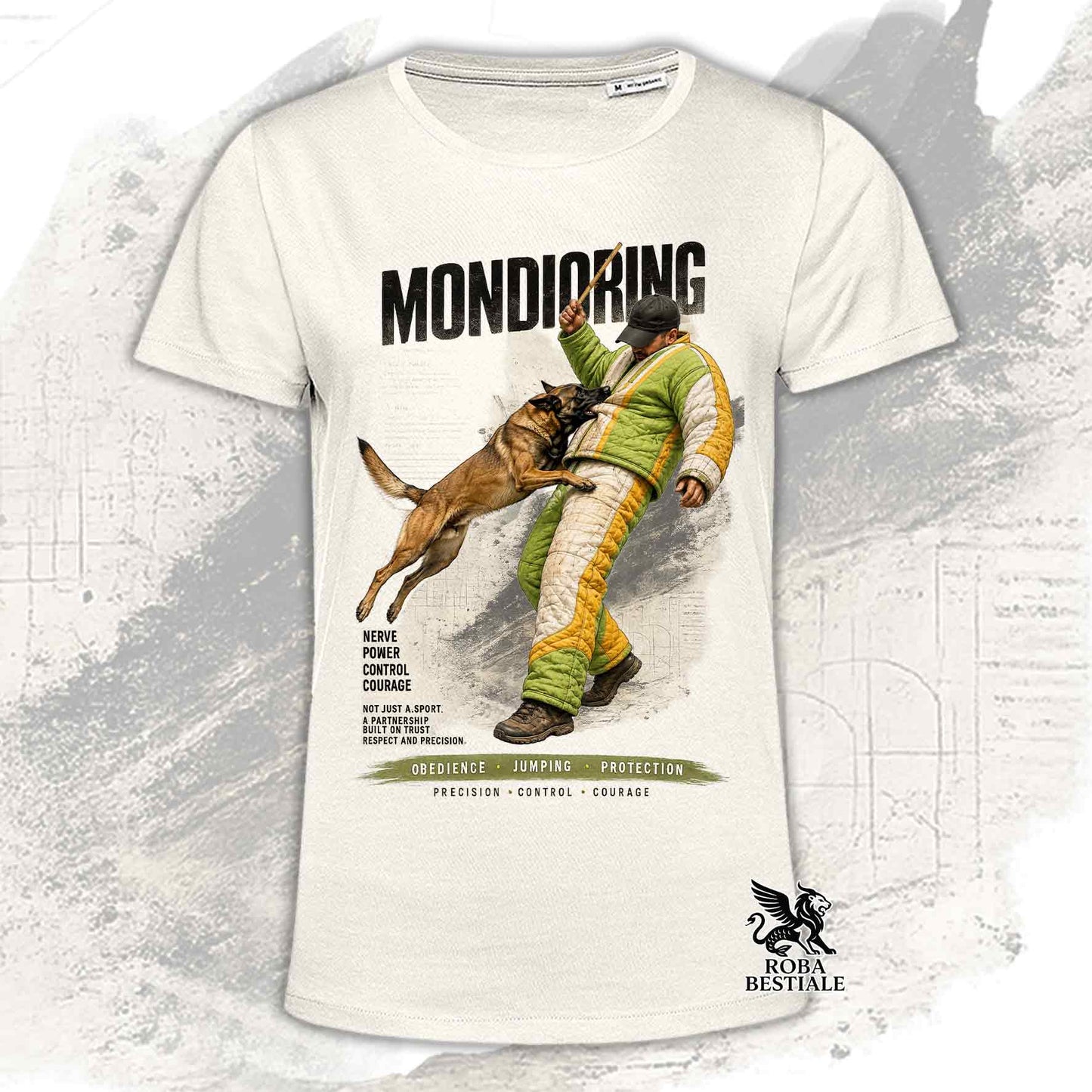 T-shirt beige stampata con una grafica dedicata al Mondioring, collezione Zero DIstance