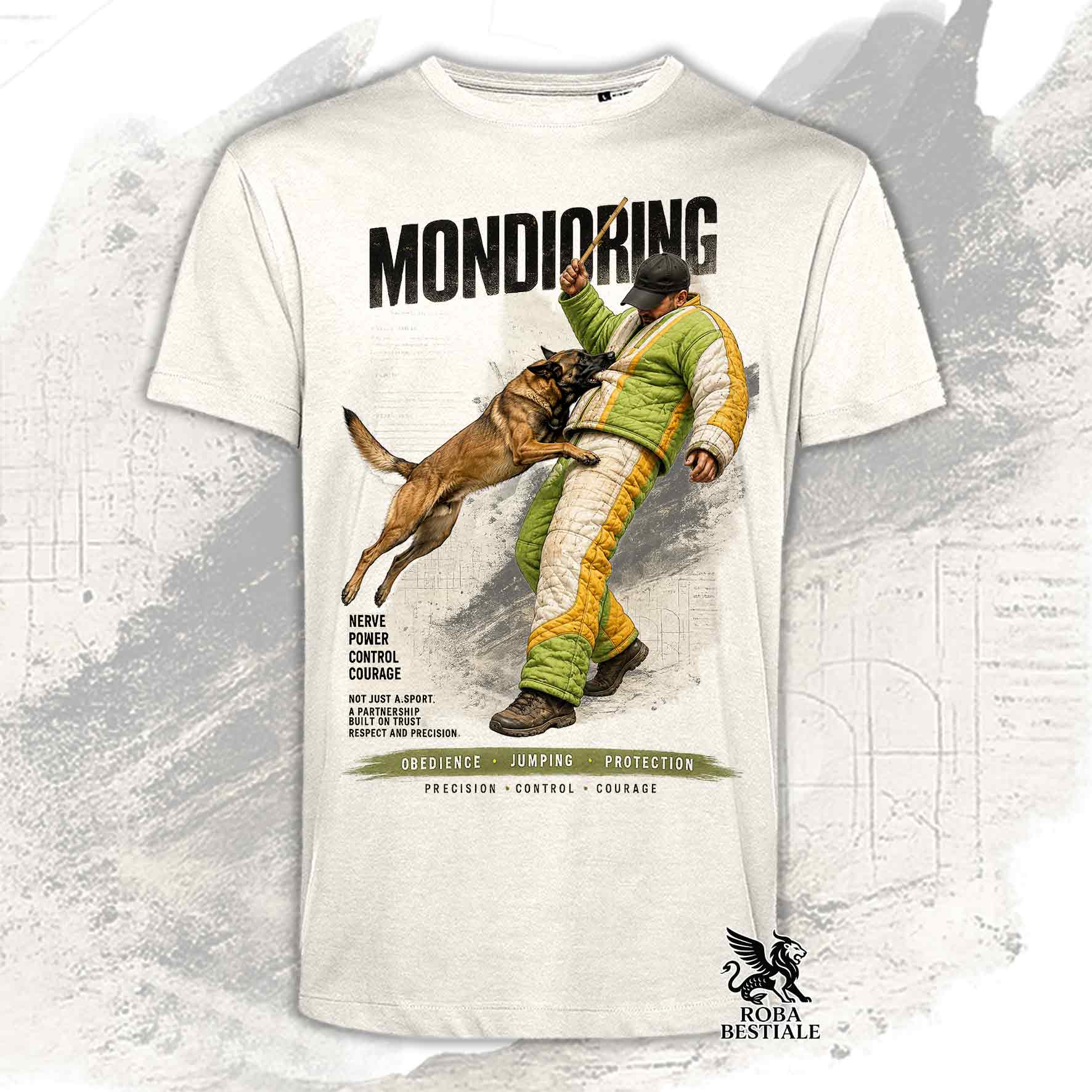 T-shirt beige stampata con una grafica dedicata al Mondioring, collezione Zero DIstance