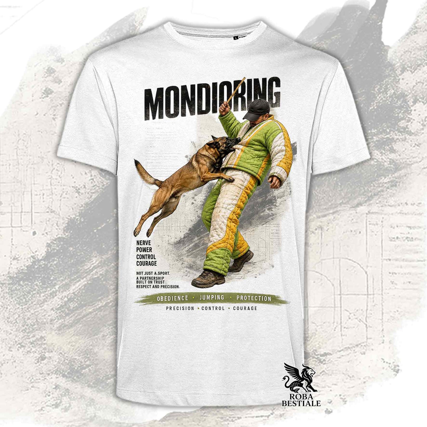 T-shirt bianca stampata con una grafica dedicata al Mondioring, collezione Zero DIstance