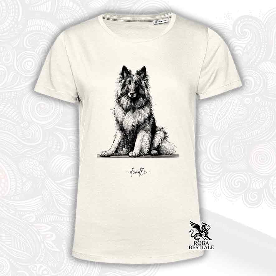 T-shirt beige stampata con un Pastore Belga Tervueren, grafica Doodle