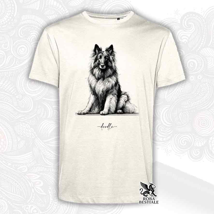 T-shirt beige stampata con un Pastore Belga Tervueren, grafica Doodle