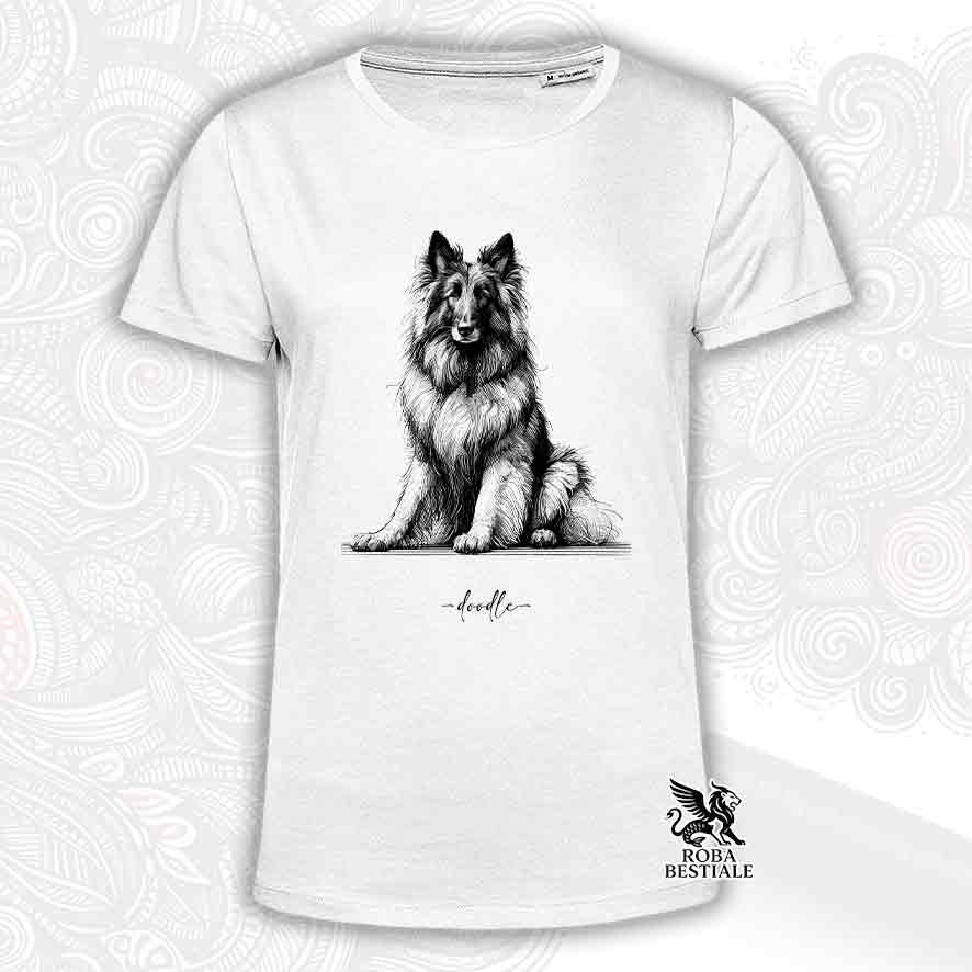 T-shirt bianca stampata con un Pastore Belga Tervueren, grafica Doodle