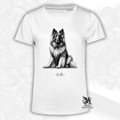 T-shirt bianca stampata con un Pastore Belga Tervueren, grafica Doodle