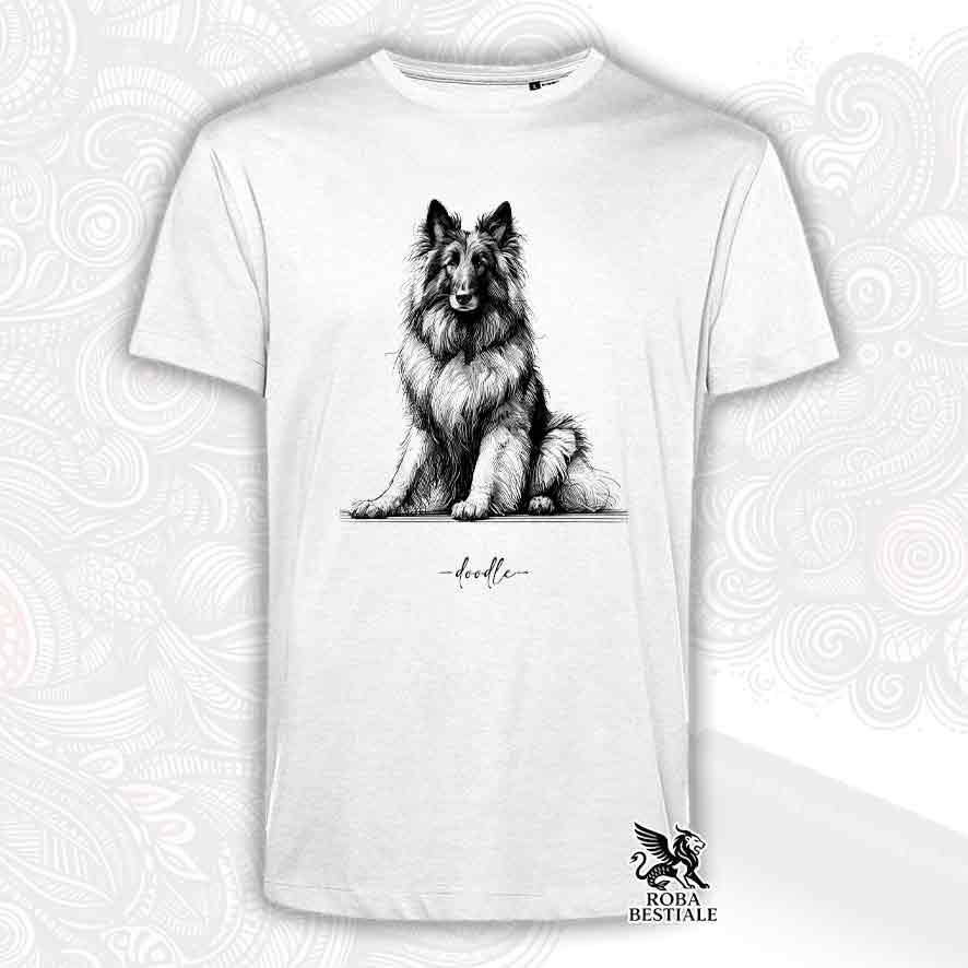 T-shirt bianca stampata con un Pastore Belga Tervueren, grafica Doodle