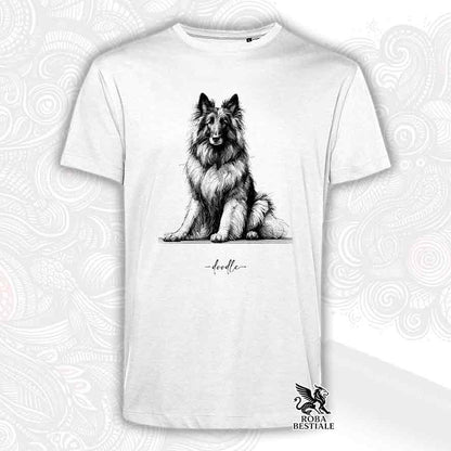 T-shirt bianca stampata con un Pastore Belga Tervueren, grafica Doodle