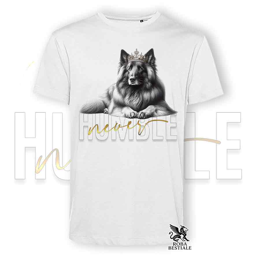 T-shirt stampata con un Pastore Belga Tervueren, colore bianco con grafica Never Humble
