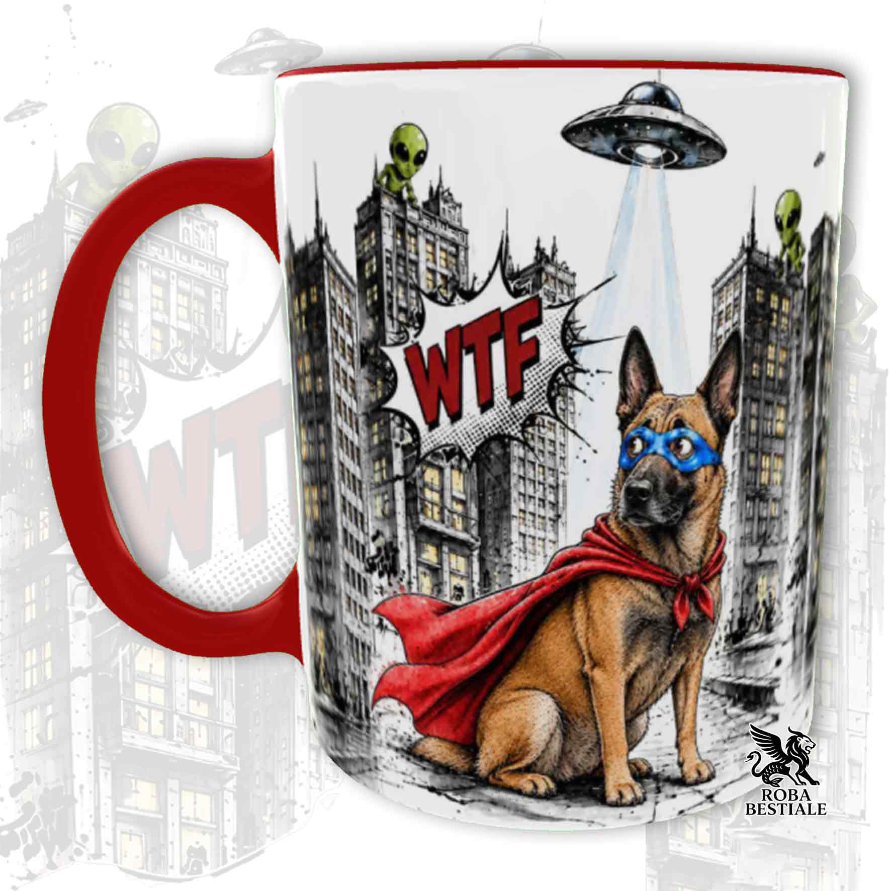 Tazza rossa stampata con un Pastore Belga Malinois con espressione sorpresa, vestito da Super Eroe. Grafica originale Roba Bestiale, collezione Hero