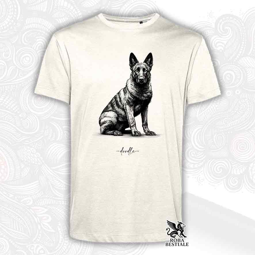 T-shirt beige stampata con un Pastore Olandese, grafica Doodle