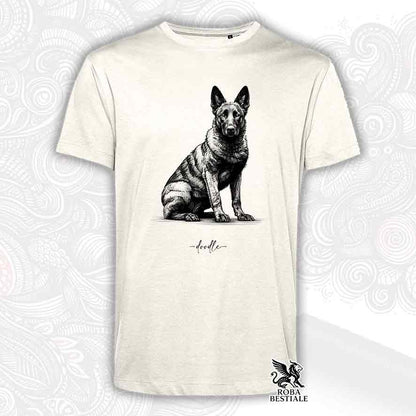 T-shirt beige stampata con un Pastore Olandese, grafica Doodle