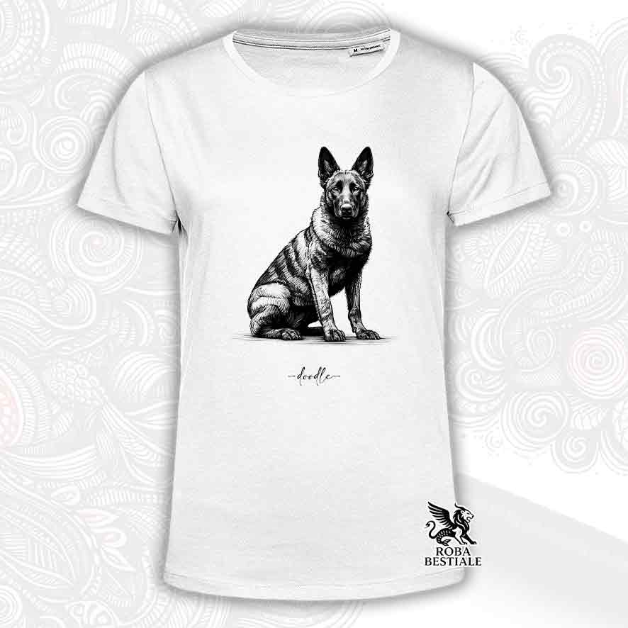 T-shirt bianca stampata con un Pastore Olandese, grafica Doodle