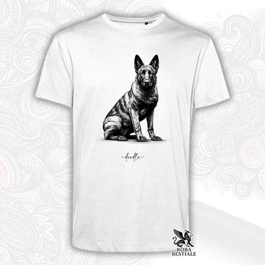 T-shirt bianca stampata con un Pastore Olandese, grafica Doodle