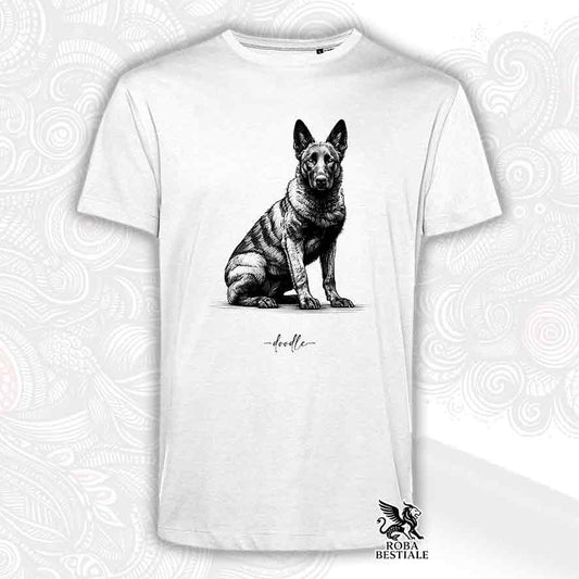 T-shirt bianca stampata con un Pastore Olandese, grafica Doodle