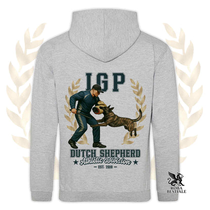 Una felpa con cappuccio e tasconi stampata con un Pastore Olandese a pelo corto che fa IGP. Grafica originale Roba Bestiale