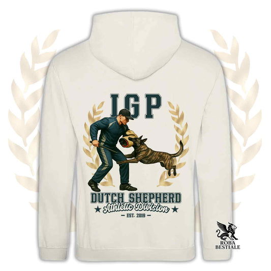 Una felpa con cappuccio e tasconi stampata con un Pastore Olandese a pelo corto che fa IGP. Grafica originale Roba Bestiale