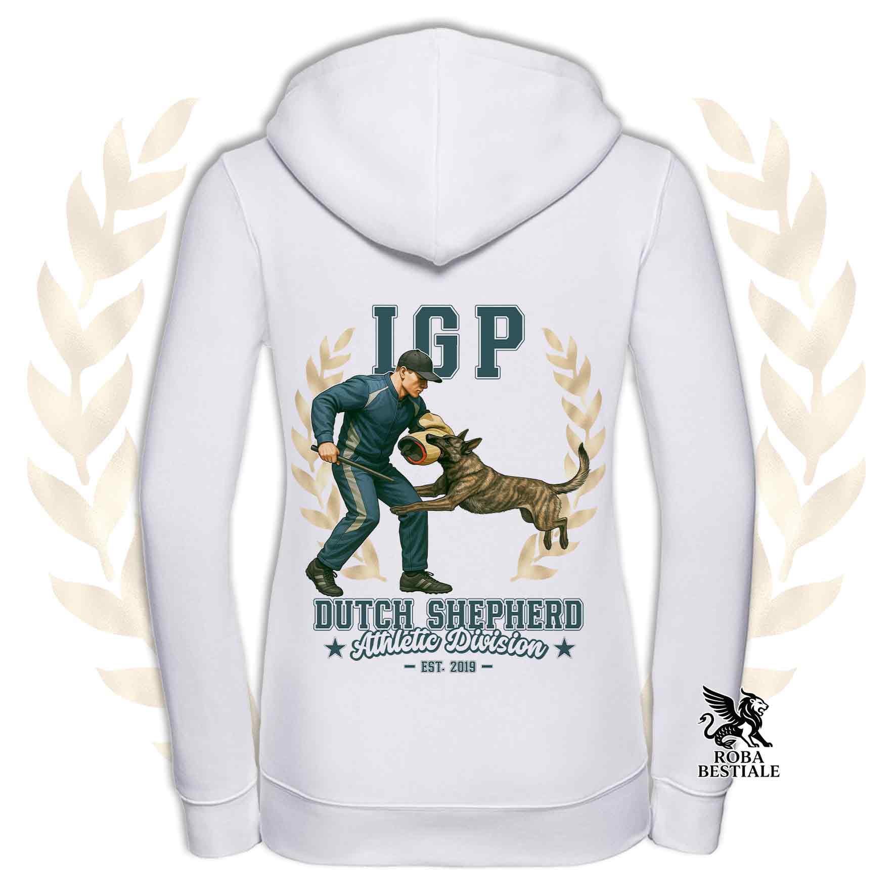 Una felpa con cappuccio e zip stampata con un Pastore Olandese che fa IGP. Grafica originale Roba Bestiale