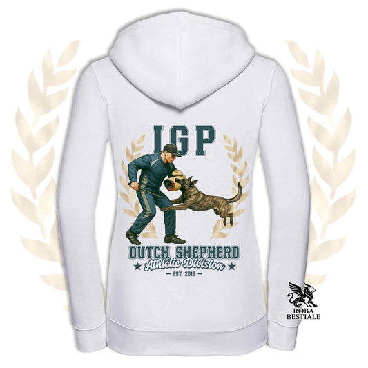Una felpa con cappuccio e zip stampata con un Pastore Olandese che fa IGP. Grafica originale Roba Bestiale