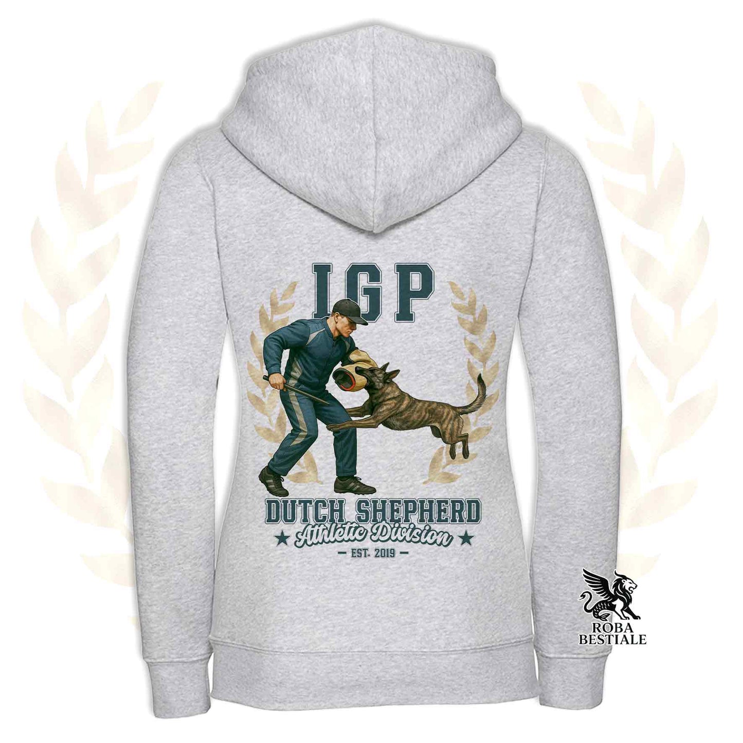 Una felpa con cappuccio e zip stampata con un Pastore Olandese che fa IGP. Grafica originale Roba Bestiale