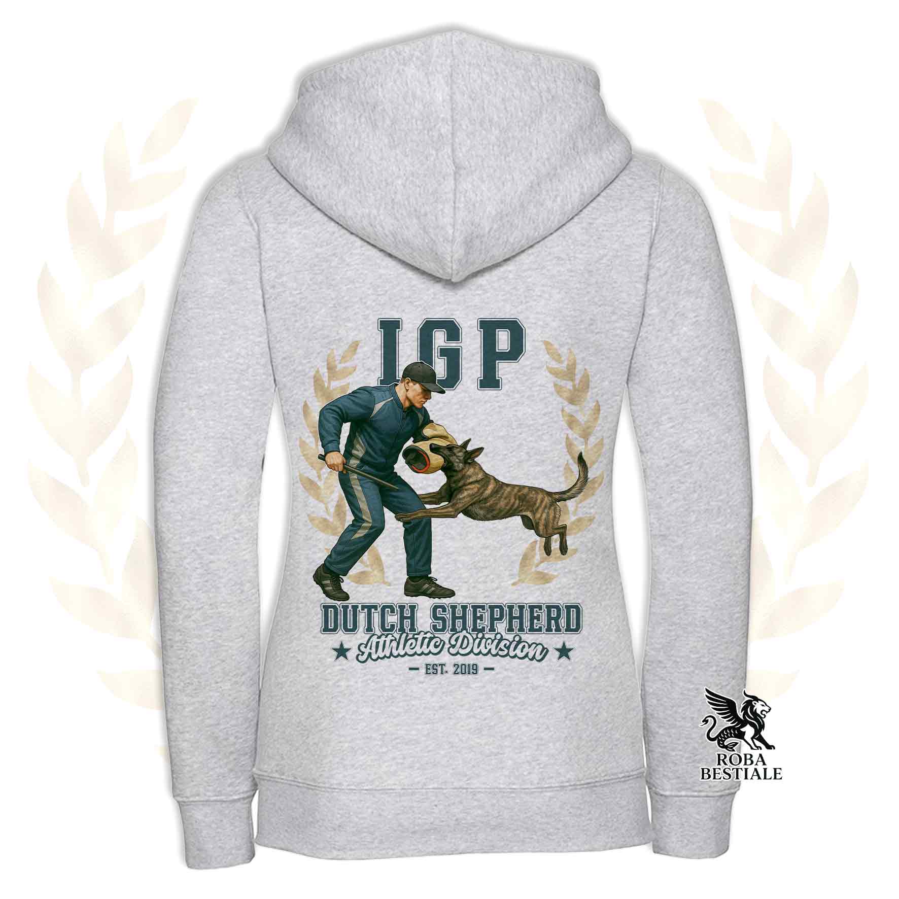 Una felpa con cappuccio e zip stampata con un Pastore Olandese che fa IGP. Grafica originale Roba Bestiale