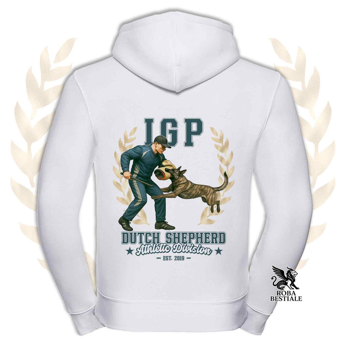 Una felpa con cappuccio e zip stampata con un Pastore Olandese che fa IGP. Grafica originale Roba Bestiale