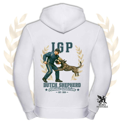 Una felpa con cappuccio e zip stampata con un Pastore Olandese che fa IGP. Grafica originale Roba Bestiale