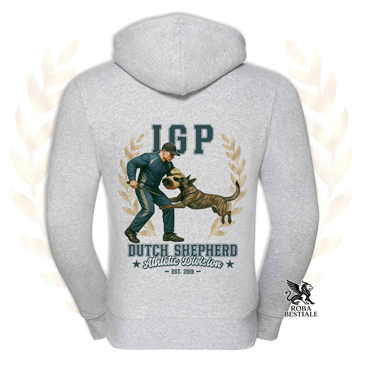 Una felpa con cappuccio e zip stampata con un Pastore Olandese che fa IGP. Grafica originale Roba Bestiale