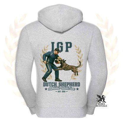 Una felpa con cappuccio e zip stampata con un Pastore Olandese che fa IGP. Grafica originale Roba Bestiale