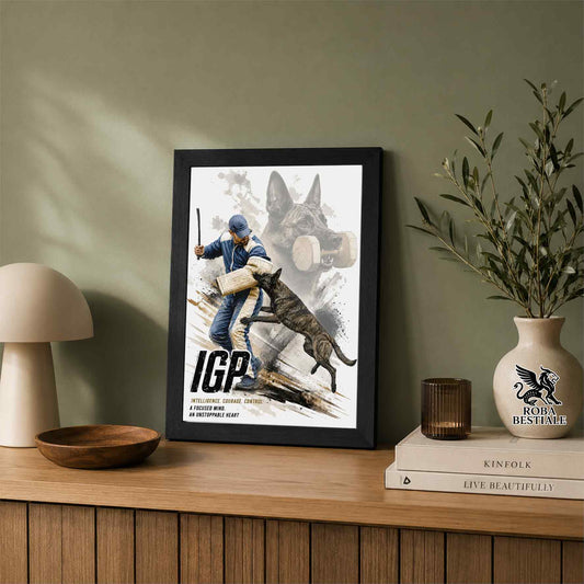 Stampa con cornice in legno con un Pastore Olandese che pratica IGP. Grafica Zero Distance, originale Roba Bestiale