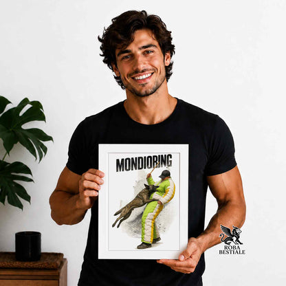 Stampa con cornice in legno con un Pastore Olandese che pratica Mondioring. Grafica originale Roba Bestiale