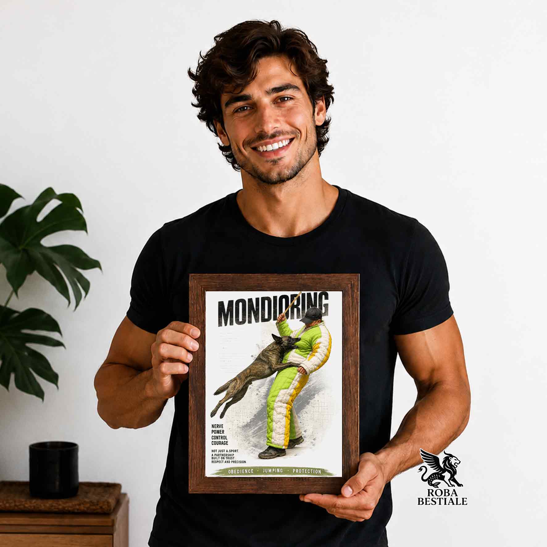 Stampa con cornice in legno con un Pastore Olandese che pratica Mondioring. Grafica originale Roba Bestiale