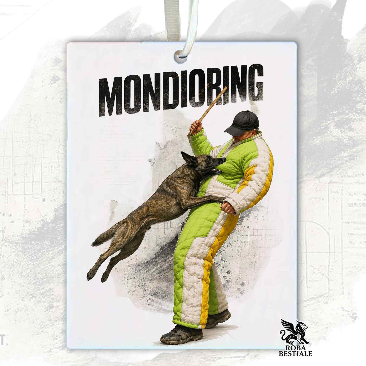Profumatore in feltro con la stampa di un Pastore Olandese a pelo corto che pratica Mondioring. Grafica originale Roba Bestiale
