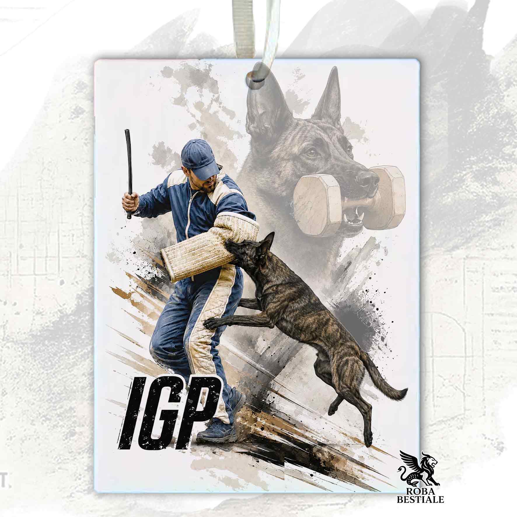 Profumatore in feltro con la stampa di un Pastore Olandese che pratica IGP. Grafica originale Roba Bestiale