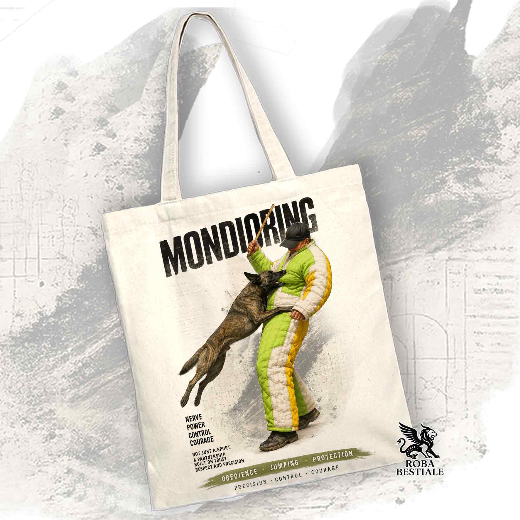 Borsa Tote beige con stampata una grafica originale di Roba Bestiale con un Pastore Olandese a pelo corto che fa Mondioring