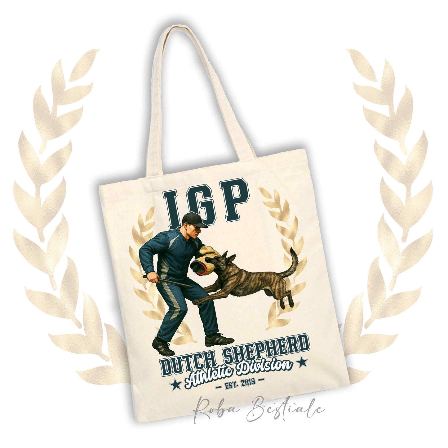 Borsa shopper stampata con un Pastore OLandese che fa IGP. Grafica originale Roba Bestiale
