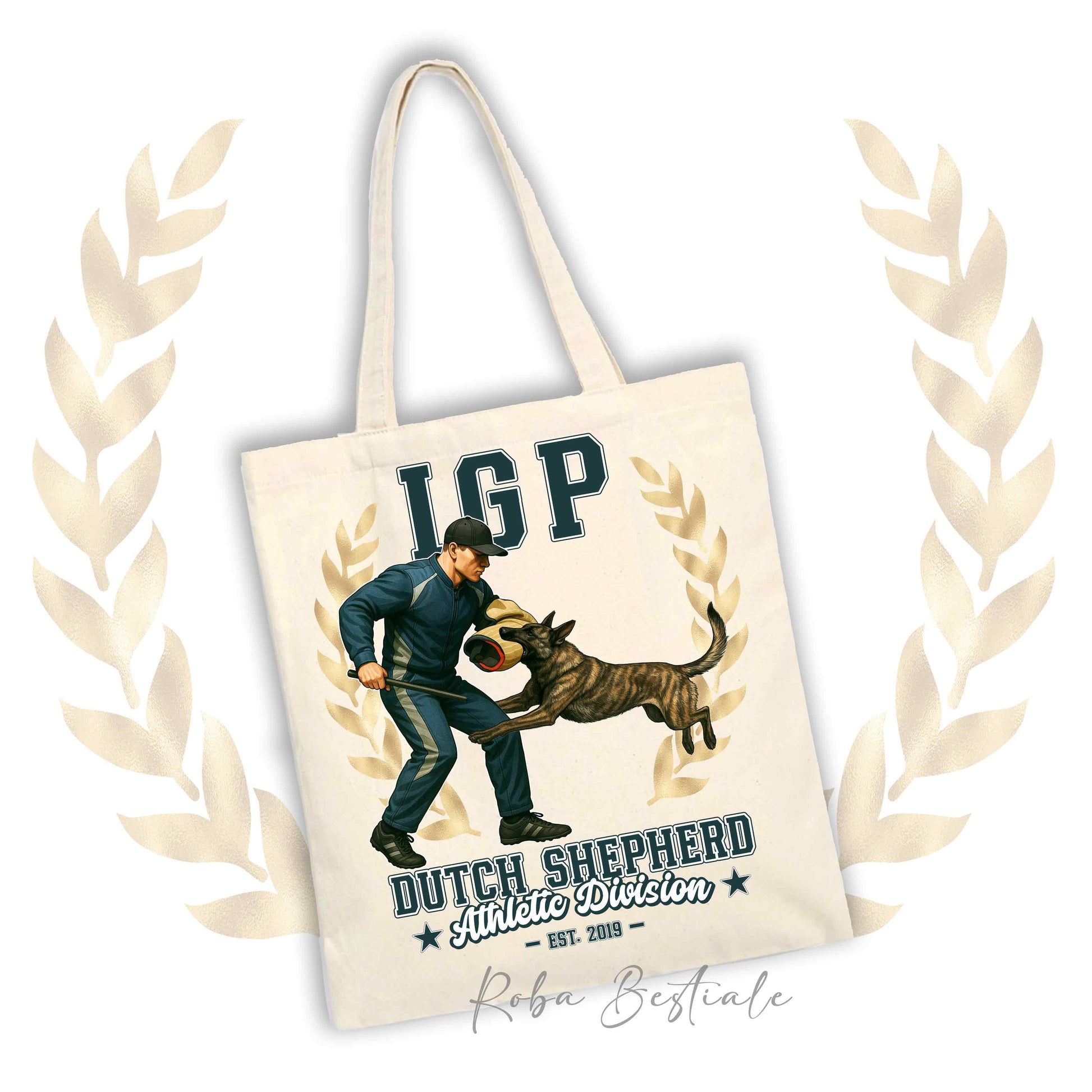 Borsa shopper stampata con un Pastore OLandese che fa IGP. Grafica originale Roba Bestiale
