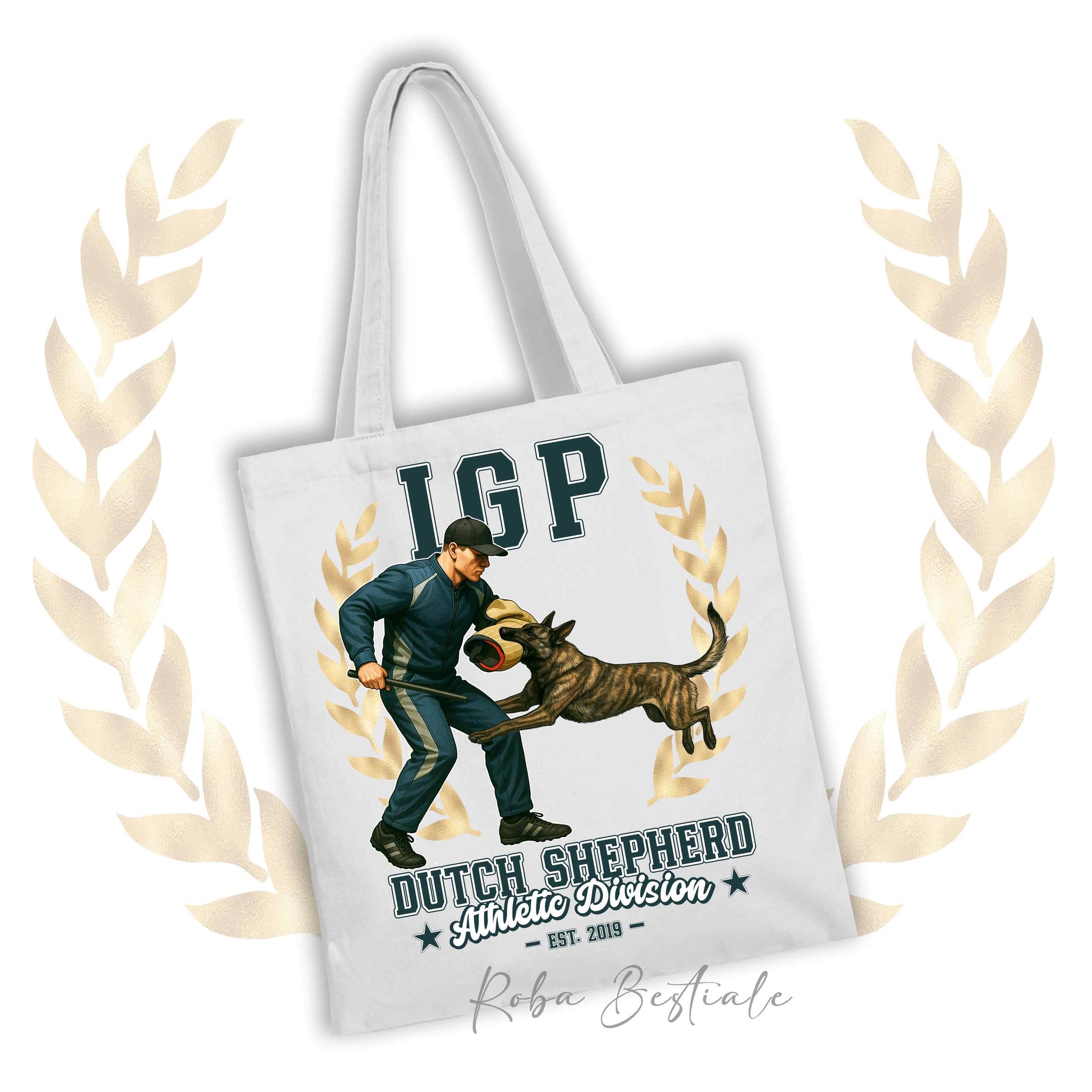 Borsa shopper stampata con un Pastore OLandese che fa IGP. Grafica originale Roba Bestiale