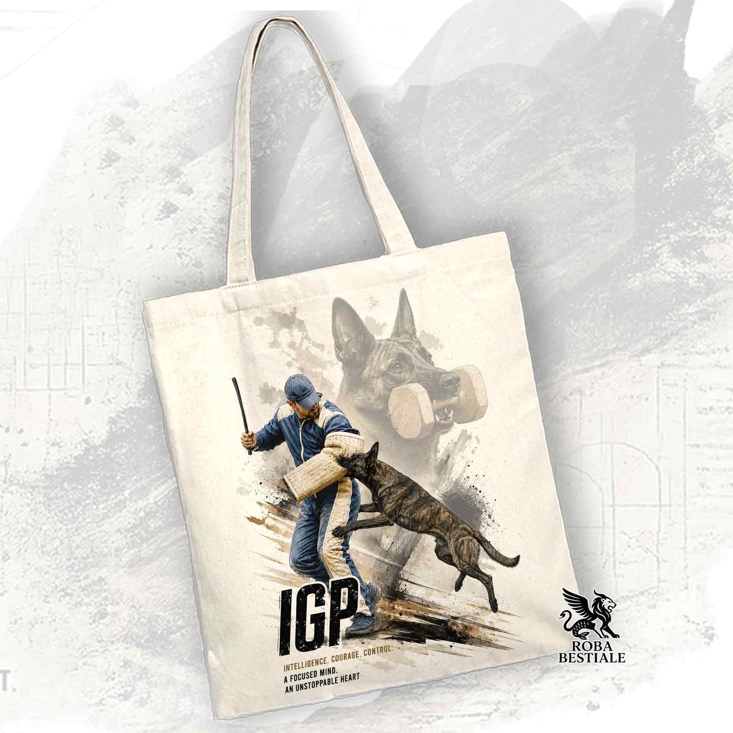 Borsa Tote beige con stampata una grafica originale di Roba Bestiale con un Pastore Olandese a pelo corto che fa IGP