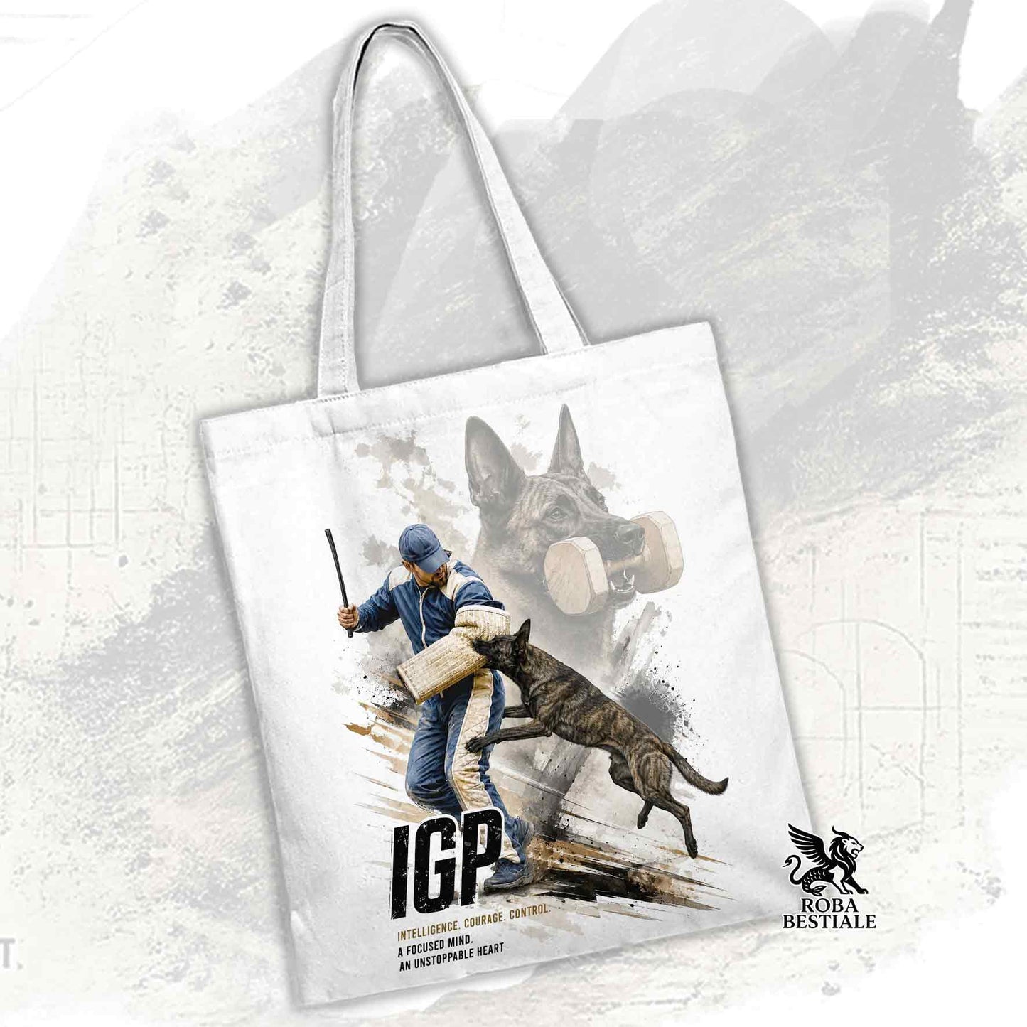 Borsa Tote bianca con stampata una grafica originale di Roba Bestiale con un Pastore Olandese a pelo corto che fa IGP